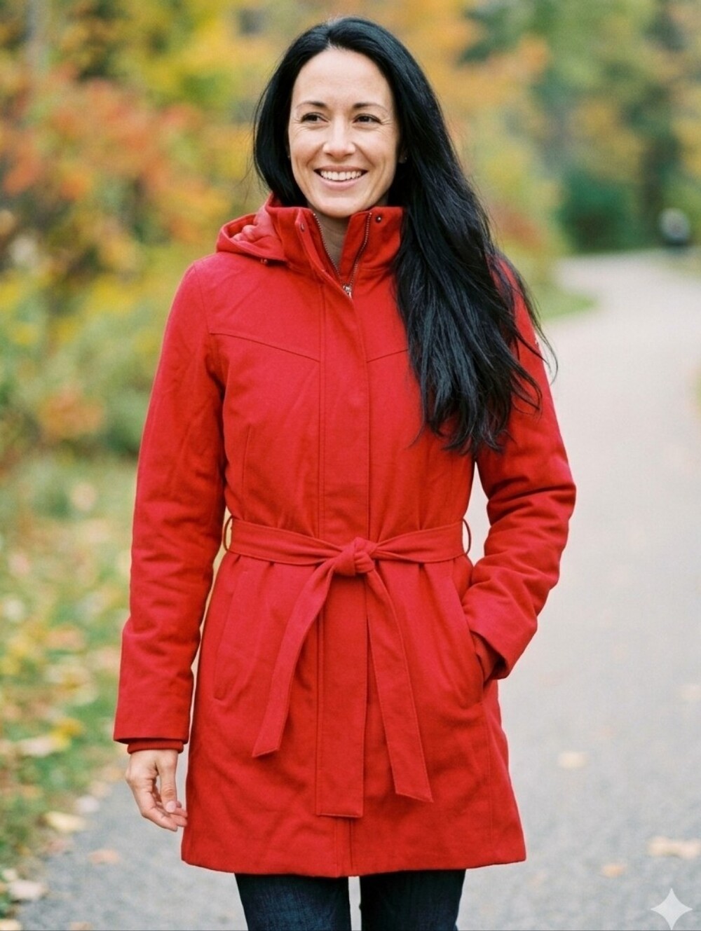 Cloudveil Red Hooded Softshell Trench Coat with Waist Tie Belt Size Med